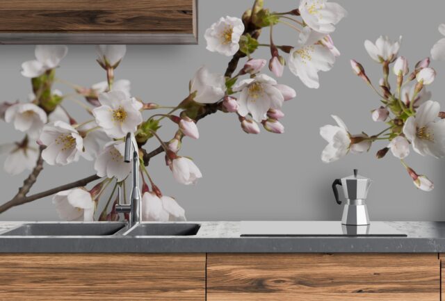 Aluminium spatwand keuken met print bloemen