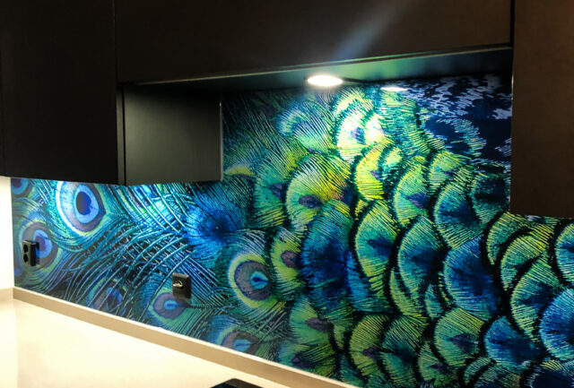 Aluminium spatwand keuken met print met pauw